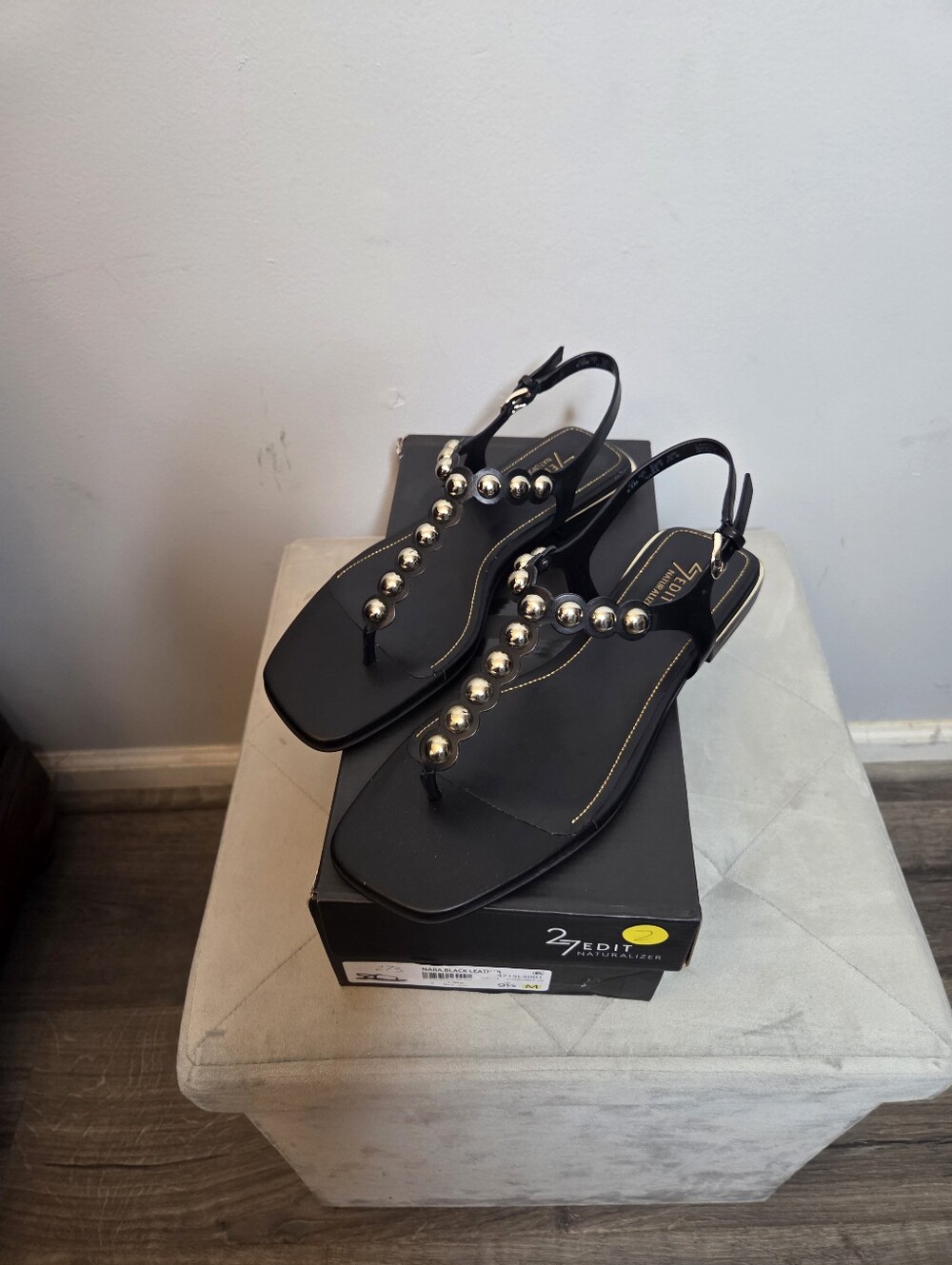 27 Edit Naturalizer Niara Black Slingback Leather Sandals with Beads, Sz 9.5